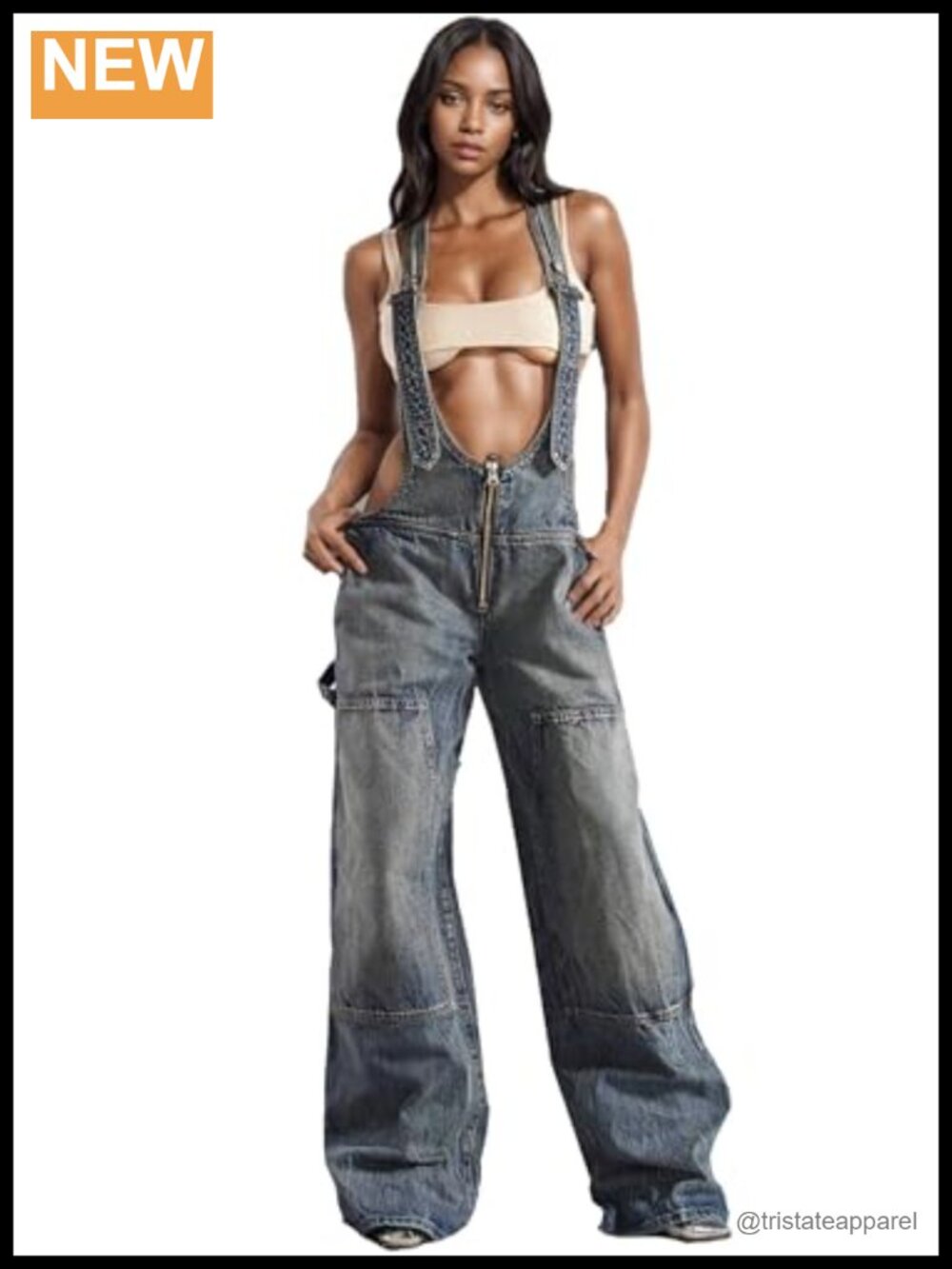 Women's Denim Overalls Adjustable Strap Wide Leg Cargo Jumpsuit